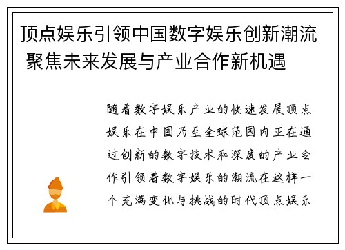 顶点娱乐引领中国数字娱乐创新潮流 聚焦未来发展与产业合作新机遇